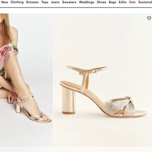 reformation women's size 7.5 petra cylinder heels gold/ silver strap